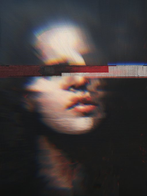 A glitch-art style distorted image of a woman's face with red and blue chromatic aberration effects.