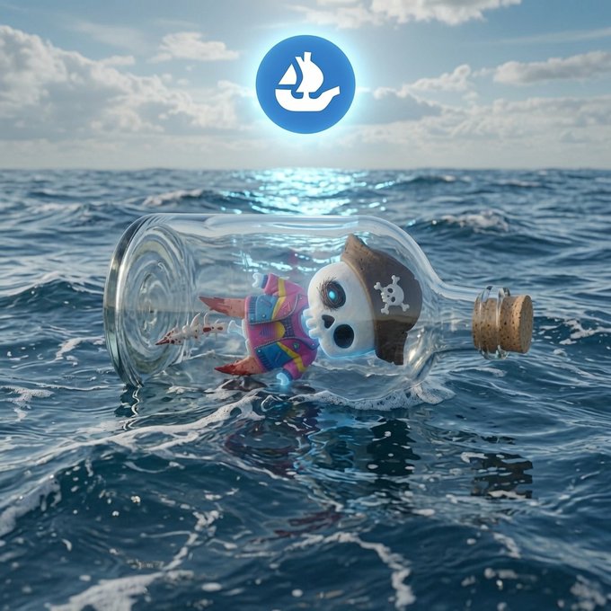 A 3D-rendered pirate character with glowing blue eyes floats inside a sealed glass bottle drifting across the open ocean, beneath a blue circular icon featuring a white sailboat. The whimsical scene illustrates the post's "floating on the @opensea" theme and promotes the "Re-Animated" NFT collection on opensea.io, tying the maritime imagery to the OpenSea marketplace branding.