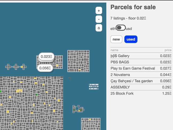 A screenshot of a website titled "Parcels for sale" displaying a grid-based map of digital land parcels with listings such as "PBS Gallery", "PBS BAGS", and "ASSEMBLY" priced in ETH.