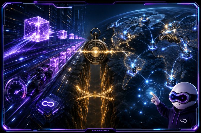 A futuristic digital artwork featuring a glowing world map with a compass, connected nodes, floating purple cubes, an infinity symbol, and a small robot character on the right side.