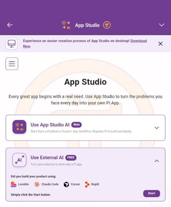 The image shows the Pi Network's "App Studio" interface, highlighting its AI features, "Use App Studio AI" and "Use External AI," which can now remember user progress due to backend infrastructure changes.