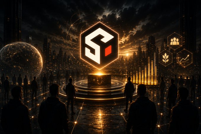 A digital artwork featuring a glowing hexagonal logo with 'S' shape above a pedestal in a futuristic cityscape, with silhouetted figures and holographic icons in the background.