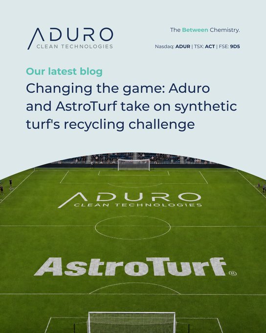 The image is a blog post from Aduro Clean Technologies (Nasdaq: ADUR) titled "Changing the game: Aduro and AstroTurf take on synthetic turf's recycling challenge," featuring a soccer field with both company logos (Aduro Clean Technologies and AstroTurf) visible on the turf, promoting their partnership to address the industry's waste problem mentioned in the post.