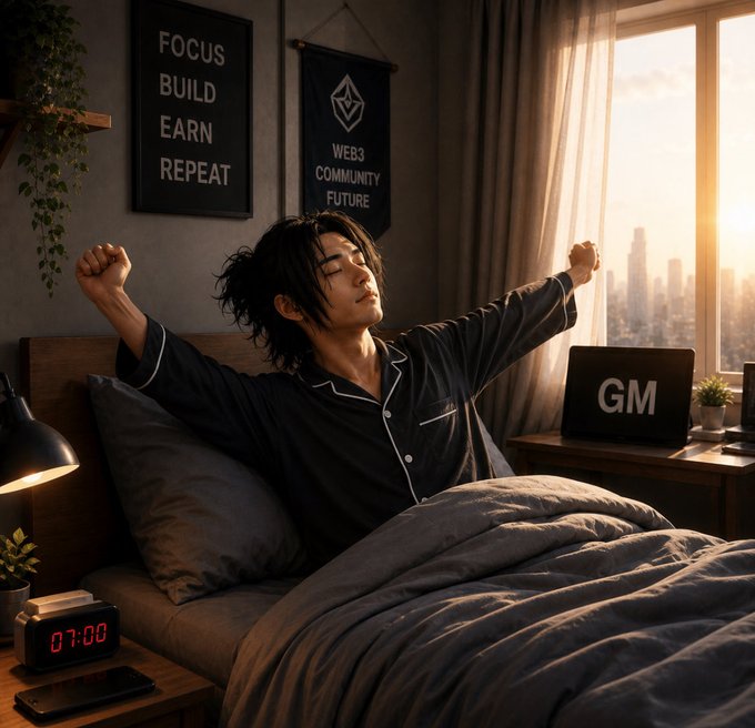 An illustration of a person stretching in bed with their arms raised, in a room featuring posters reading 'FOCUS BUILD EARN REPEAT' and 'WEB3 COMMUNITY FUTURE', a laptop showing 'GM', and a digital clock displaying '07:00'.