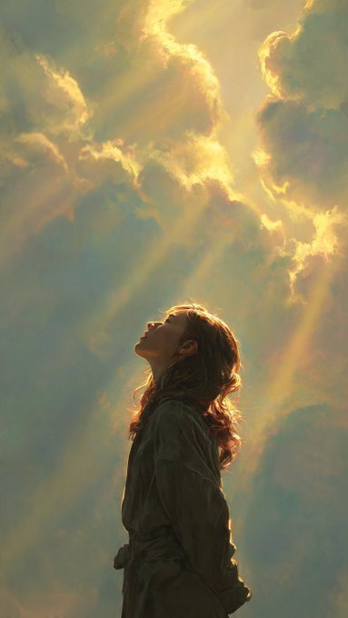 An artistic illustration of a woman in silhouette looking upward toward golden sunlight breaking through dramatic clouds in a sky setting.