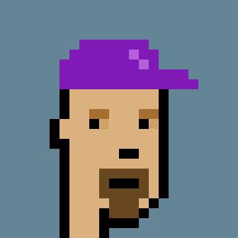 A pixel art portrait of a character with a purple hat, tan skin, dark beard, and a large nose, set against a bright blue background.