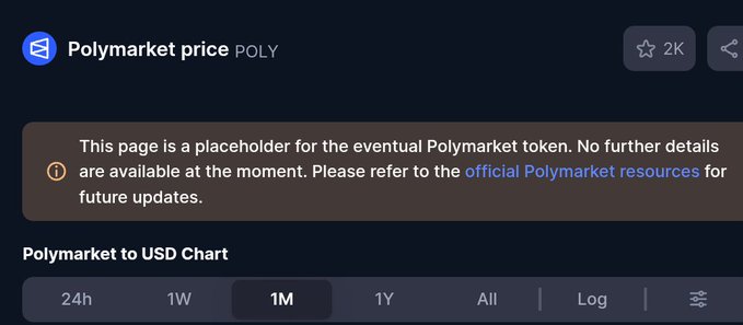 A dark-themed cryptocurrency tracker page for "Polymarket price POLY" with a placeholder notice indicating no token details are available yet, directing users to official Polymarket resources. The image relates to the post as it shows the speculative nature of tracking $POLY before its actual launch, while the author discusses prediction market alternatives.