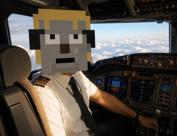 A pilot in uniform sits in the cockpit of an aircraft with their face obscured by a pixelated gray character, set against a backdrop of clouds and sky. The image humorously illustrates the delayed NFT launch, suggesting the team is still "in the air" and waiting for the deposit process to complete before takeoff.