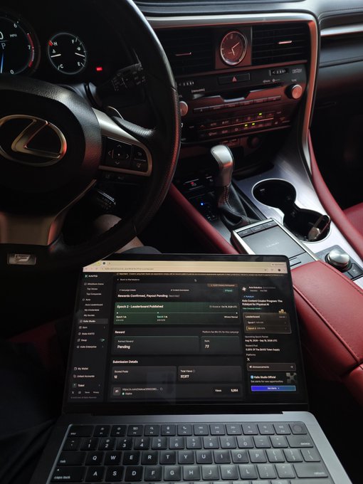 A laptop sits on the passenger seat of a Lexus with red leather interior, displaying a parked domain page on what appears to be the Unstoppable Domains website.