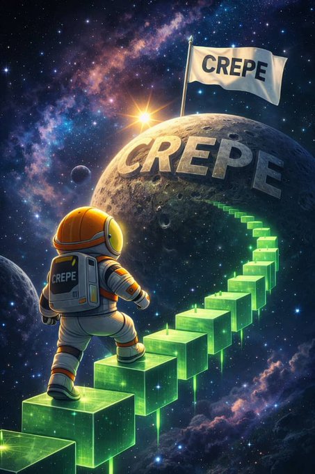 The image shows an astronaut, possibly one from Crepe TV or another Crepe-themed project, standing on a series of cubes arranged like a staircase or pyramid within a creative space filled with stars and planets. The astronaut appears ready for takeoff or exploration beyond this scene, as if embarking on a journey to make at least $5m using the Crepe currency depicted in the image.