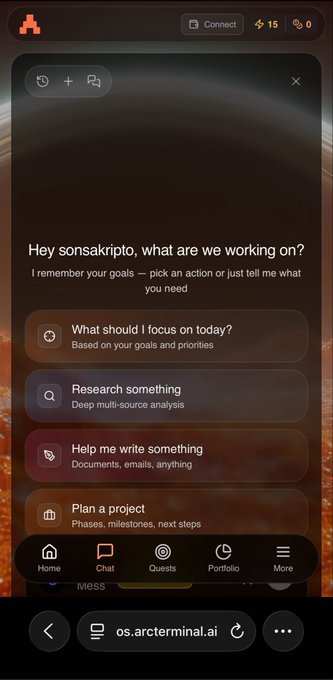 A mobile web interface for arcterminal.ai displaying a chatbot greeting 'Hey sonsakripto, what are we working on?' with several action options.