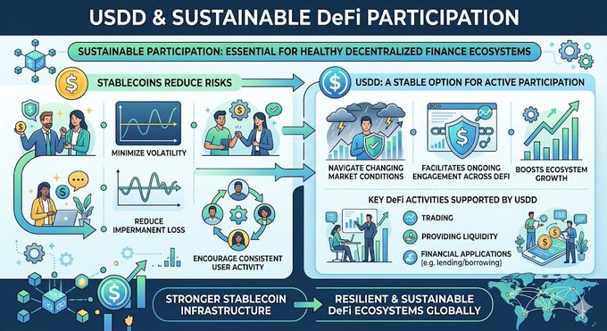 "USDD & sustainable DeFi participation" appears at the top of a poster with an illustration of money icons below, indicating it's related to financial matters or systems. The focus of the post seems to be on the importance of sustainable DeFi participation, which is essential for the stability and growth of decentralized finance ecosystems over time. Stablecoins play a significant role in supporting this by reducing some of the risks that discourage consistent user activity.