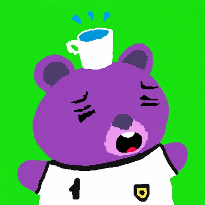 A purple pixel-art bear wearing a white shirt with "1" and a shield emblem appears frustrated, with a white mug of blue liquid spilling on its head against a bright green background, likely representing the "Daily Free Spin on the Lucky Den Wheel" from CubbleBears.