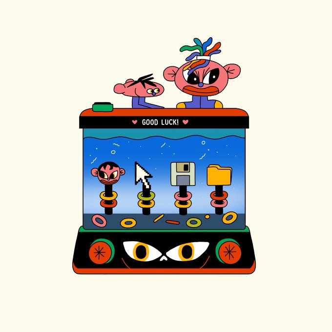 A colorful cartoon illustration shows two characters playing a 'fishing' arcade game with a 'GOOD LUCK!' sign on top and a cat face on the base.