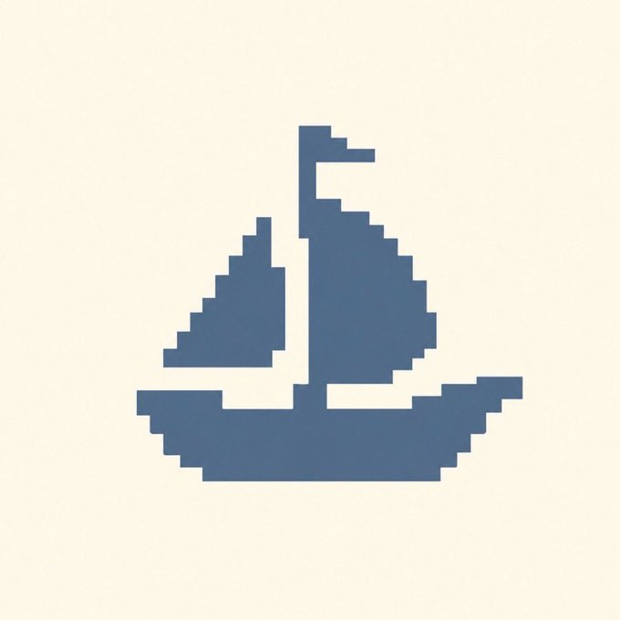 A minimalist pixel-art style illustration depicts a blue sailboat with two triangular sails floating against a cream-colored background.