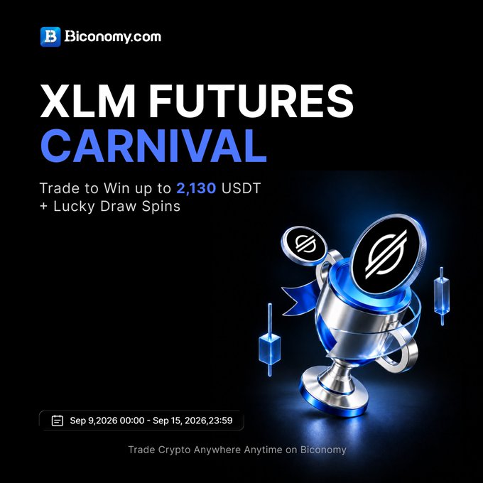 A promotional graphic for 'Biconomy.com' advertising an 'XLM FUTURES CARNIVAL' to win up to 2,130 USDT plus lucky draw spins, running from Sep 9 to Sep 15, 2026.