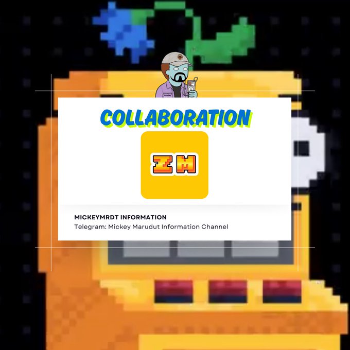 A collaboration announcement graphic featuring pixel art characters, a cartoon doctor mascot, and a Telegram app icon for "MICKEYRDT INFORMATION" with text reading "COLLABORATION".