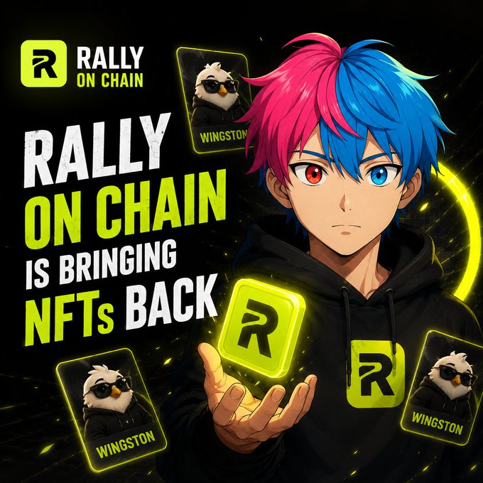 The image features a cartoon character wearing a black hoodie holding up a neon yellow square sign that says "Rally On Chain" along with some text about NFTs. The character appears to be promoting a new collection of items, possibly related to NFTs or cryptocurrencies.