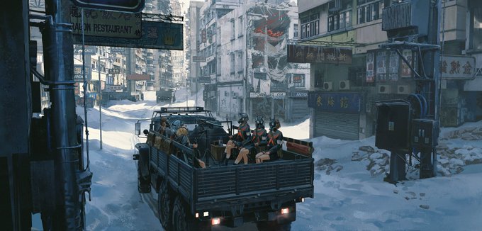 A military truck carrying armed soldiers travels through a snow-covered, post-apocalyptic urban street lined with abandoned buildings, including signs reading "DRAGON RESTAURANT" and Chinese characters like "榮煒記." The desolate, icy cityscape embodies the "Polluted block" theme, conveying a grim sense of environmental decay and urban collapse.