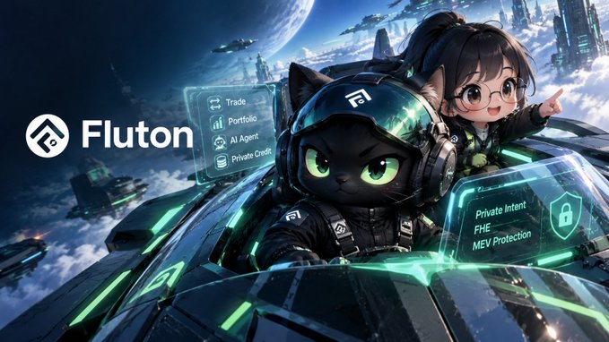 Promotional artwork for 'Fluton' featuring a black cat character in futuristic pilot armor and an anime girl, with text showing features like 'Trade, Portfolio, AI Agent, Private Credit' and 'Private Intent, FHE, MEV Protection'.