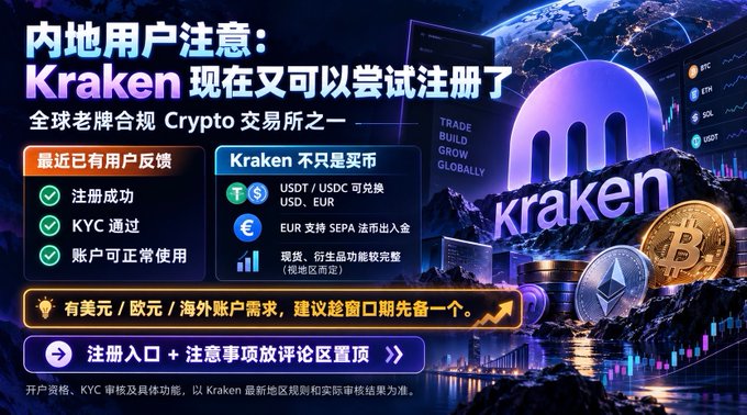 A promotional graphic in Chinese for the Kraken cryptocurrency exchange, stating "Kraken 现在又可以尝试注册了" (Kraken registration is now available again), noting successful registrations and KYC approvals, and displaying USDT, EUR, and various crypto coins.