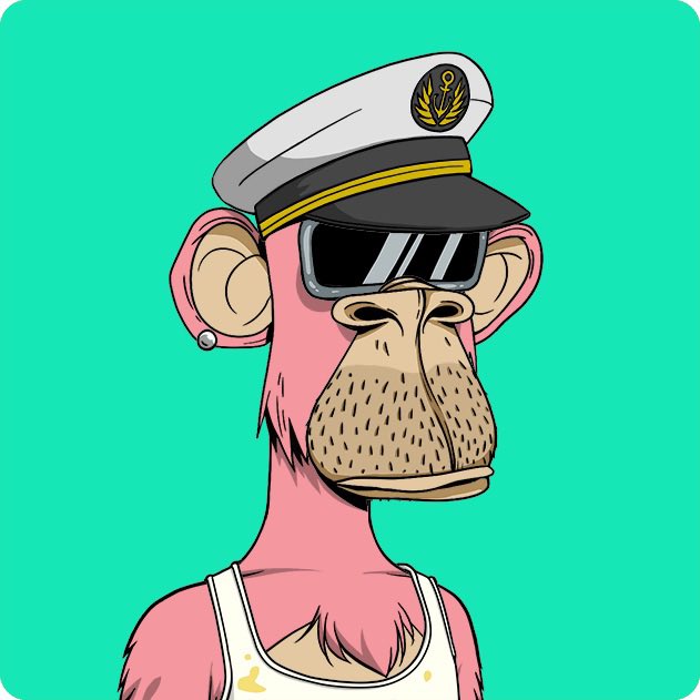 A digital illustration of a pink cartoon monkey wearing a white and black naval officer's hat with a gold emblem and dark sunglasses, set against a teal background.
