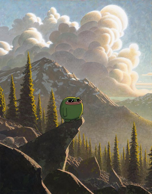 A green cartoon frog sits alone on a rocky mountain peak beneath billowing clouds and towering pines, with the text "Nick Mastin" signed in the corner—perfectly capturing a serene "good morning" vibe for a casual "Gm Frens" greeting.