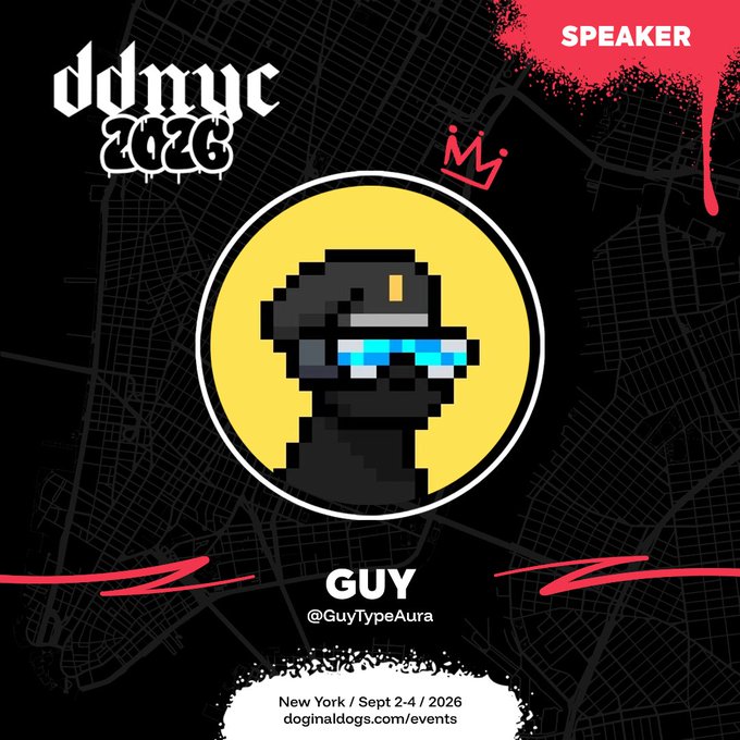 A speaker promotional graphic for 'DDMYC 2026' event in New York, Sept 2-4, 2026, featuring a pixelated ninja character labeled 'GUY' with the handle '@GuyTypeAura'.