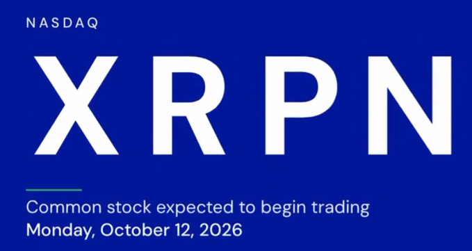 A blue NASDAQ listing graphic displays the ticker symbol "XRPN" in large white letters, with smaller text below announcing that the common stock is expected to begin trading on Monday, October 12, 2026, visually confirming the post's announcement of XRPN's upcoming market debut.