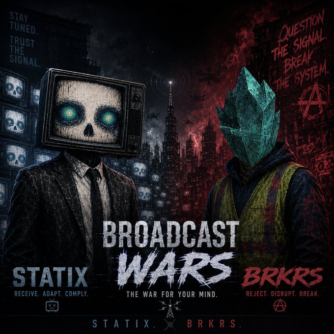 The image features two men dressed in suits standing next to each other against a dark background with a city skyline visible through the television screens behind them, which are black and white. The text "Broadcast Wars" is displayed above the two men, indicating that they are part of an ongoing battle or competition related to broadcasting technology.

The image also includes a caption below it that reads: "Before you can break the signal, you first have to recognize you're receiving one of these broadcasts." This suggests that there might be some sort of broadcast war going on in the city depicted in the image, and the two men are trying to gain an advantage over their opponent.

The caption also includes a reference to "BRKRS" as well as "STATIX," which could potentially be related to the content or participants involved in this broadcast war.