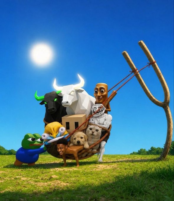 A surreal scene depicts various internet meme characters—including Pepe the Frog, a Shiba Inu, trollfaces, and a "stonks" man—crammed into a slingshot alongside bullish 3D bull figures, ready to be launched skyward. The image visually plays on the post's reference to a "bull run," symbolizing the chaotic surge of meme-driven traders and viral characters propelling the next crypto market rally.
