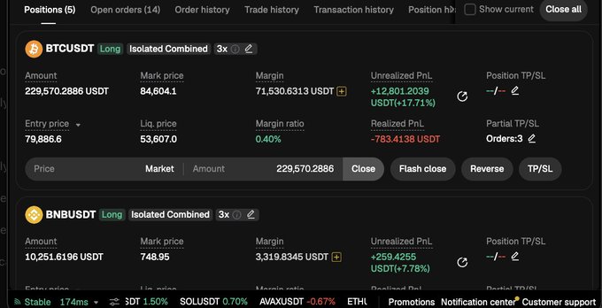 A cryptocurrency trading interface showing two open long positions: BTCUSDT (229,570.2886 USDT amount, +17.71% unrealized PnL) and BNBUSDT (10,251.6196 USDT, +7.78% unrealized PnL) with 3x leverage.