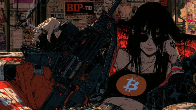 A cyberpunk-style digital illustration by 'theBitcoinArtist' showing an anime woman with sunglasses holding a futuristic weapon, with a Bitcoin logo and 'BIP-110' text visible.