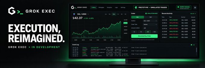 A promotional graphic for 'GROK EXEC' describing it as 'EXECUTION, REIMAGINED' for trading, featuring a dark-themed interface with a SOL/USDC price chart, simulated buy orders, and an event log.