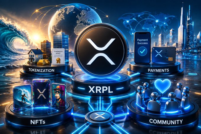 A digital graphic showcases the XRP Ledger (XRPL) ecosystem, featuring the XRP logo in the center surrounded by sections labeled 'TOKENIZATION', 'PAYMENTS', 'COMMUNITY', and 'NFTs'.