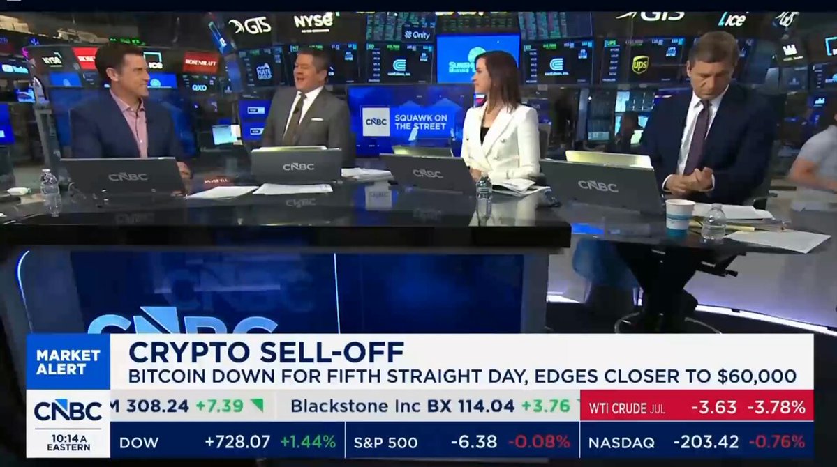 The image shows four people sitting at a table with laptops, possibly participating in an interview or panel discussion about cryptocurrency trading. The news anchor's headline reads "BULLISH STILL HOLDS 25,000 BTC THROUGH THE CRASH Bullish CEO confirms the company still holds 25,000 $BTC after the selloff." This indicates that despite the market crash and sell-off of Bitcoin, the company is still holding onto its value.