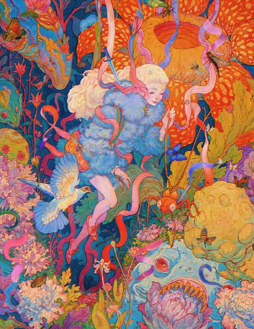A colorful, detailed illustration of a blonde figure in a blue furry coat surrounded by swirling ribbons, flowers, birds, and butterflies.