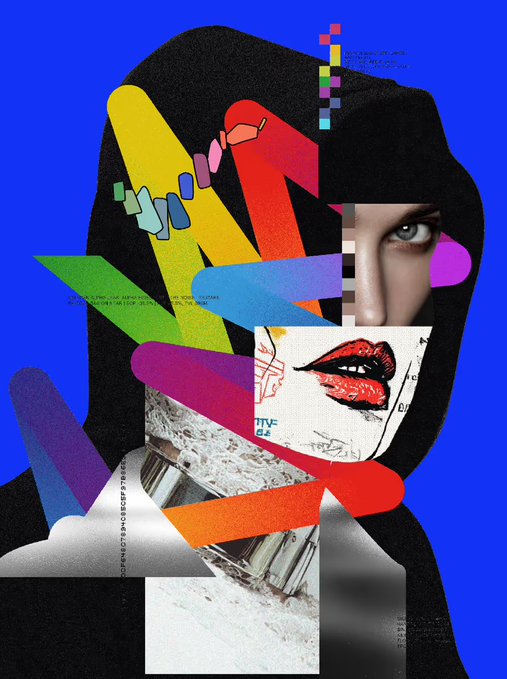 A vibrant glitch-art style collage featuring a woman's eyes and red lips, abstract colorful geometric shapes, and pixelated elements set against a blue background.