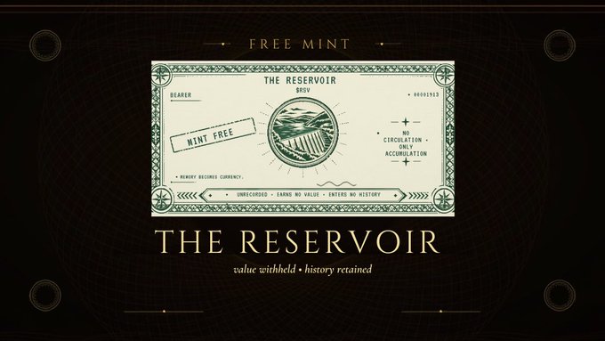A promotional image featuring a vintage-style banknote designed as a "FREE MINT" voucher for "THE RESERVOIR" (RSV), displaying the value "0.0" with the tagline "value withheld • history retained" and emphasizing attributes like "UNRECORDED," "FAKE NO VALUE," and "UNTED NO HISTORY." The design aligns with the accompanying post about giving away guaranteed mints (GTD) for the Reservoir NFT project, highlighting the $RSV utility token and the concept of empty Vessels awaiting activation.
