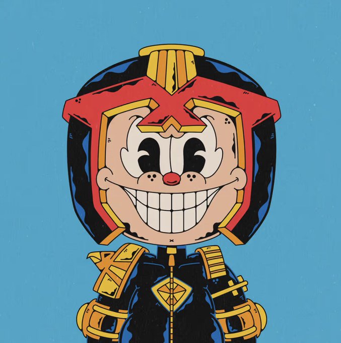 A cartoon illustration of a character with a massive grinning face wearing a black and red helmet with gold trim and a dark futuristic suit, set against a solid blue background.