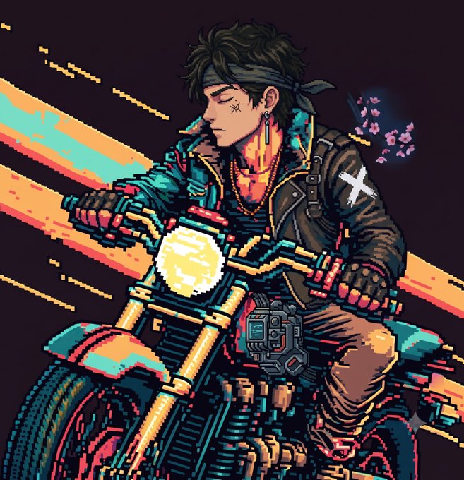A pixel-art style illustration of a dark-haired man with a bandana riding a motorcycle, featuring a star tattoo near his eye, a cross earring, and cherry blossoms floating nearby.