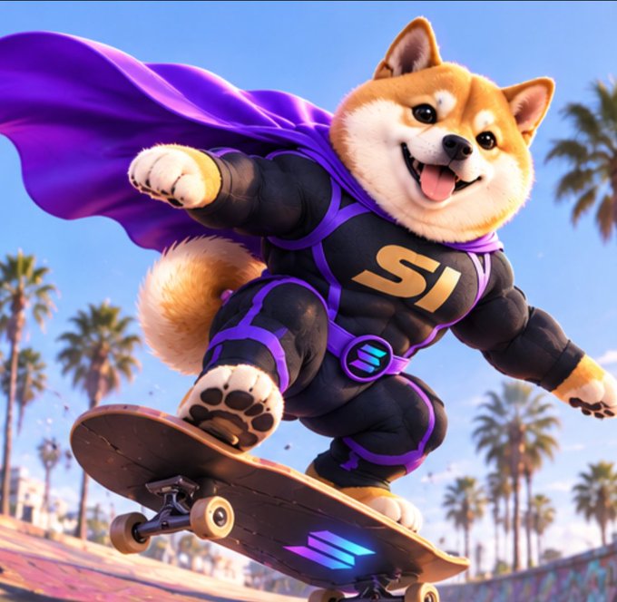A heroic Shiba Inu dressed in a black and purple superhero costume with a flowing cape rides a skateboard through a sunny, palm-tree-lined skate park, with "$SI" emblazoned in gold on its chest and a glowing emblem on the board. The image captures the post's theme of $SI "skating ahead of the trend," with the dog mid-trick symbolizing the token's imminent launch and high-energy momentum.