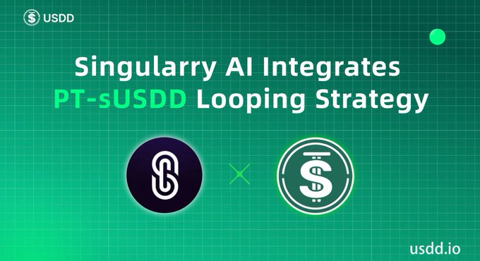 The image features a green background with white text that reads "Singularary AI Integrates PT-sUSDD Looping Strategy" and "Singularry AI x xSUSDD". The text also includes a link to the USDD logo, which is a small black circle with a white line through it. This suggests that Singularary AI has been integrated into the USDD utility's strategy for looping trading.