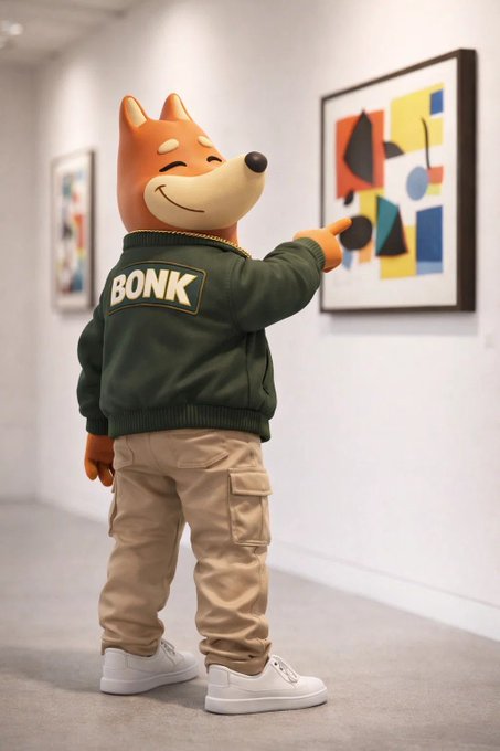 An anthropomorphic Shiba Inu character wearing a green bomber jacket with "BONK" emblazoned on the back admires a colorful abstract painting in a gallery, fitting the post's "BUILDers Market" theme. The character's confident, appreciative pose mirrors the bullish confidence of BONK holders navigating the crypto market cycle.
