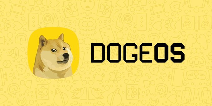 A yellow-themed app icon and logo featuring a Shiba Inu dog illustration alongside the bold pixel-style text 'DOGEOS' on a patterned background.
