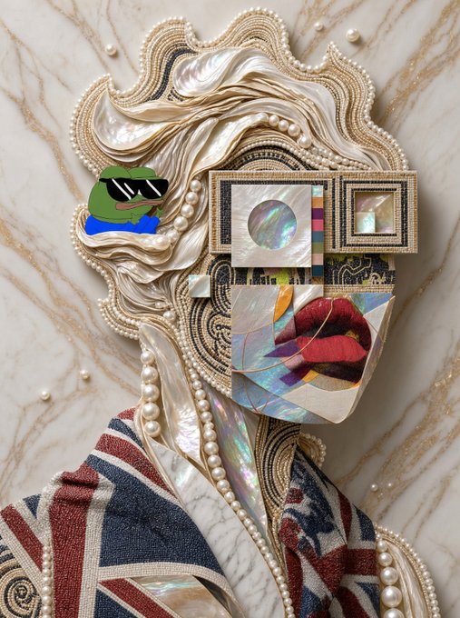 An artistic, surreal collage portrait featuring elements like pearls, marble, iridescent textures, and a Union Jack pattern, with a Pepe the Frog wearing sunglasses meme graphic overlaid on one side.
