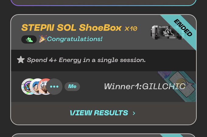 A STEPN app screenshot showing a 'STEPN SOL ShoeBox x10' achievement marked as 'ENDED', congratulating the user for spending '4+ Energy in a single session', with 'Winner1:GILLCHIC' displayed and a 'VIEW RESULTS' button.