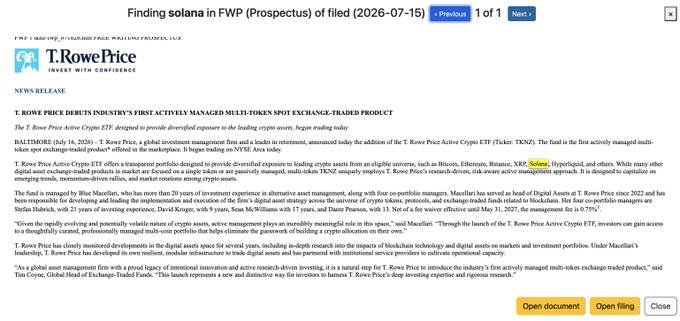 The image shows a T. Rowe Price press release announcing the launch of the T. Rowe Price Active Crypto ETF (Ticker: TKNZ), described as an industry-first actively managed multi-token spot exchange-traded product. Key details include the July 16, 2020 announcement from Baltimore, featuring quotes from ETF Portfolio Manager Blue Macellari, with mentions of crypto assets like Solana, Bitcoin, Ethereum, and Binance.