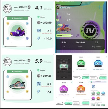 Gameplay screenshots showing user profiles for 'user_4320002' with sneaker assets labeled 'Lvogger v2.07' and a sneaker customization/level-up screen displaying a Boost speed of 5.2.