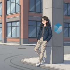 An anime-style illustration of a young woman with dark hair wearing a denim jacket and beige pants, leaning against a pillar with a blue and white logo, set in an urban environment.